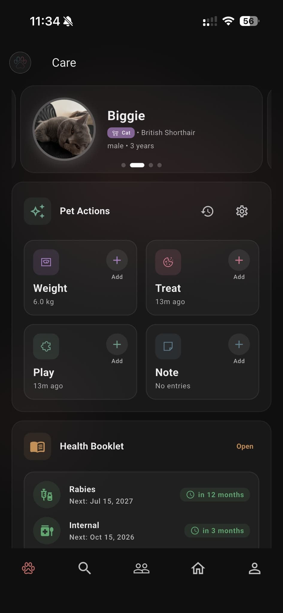 Pawz Owner care dashboard with pet actions and health booklet