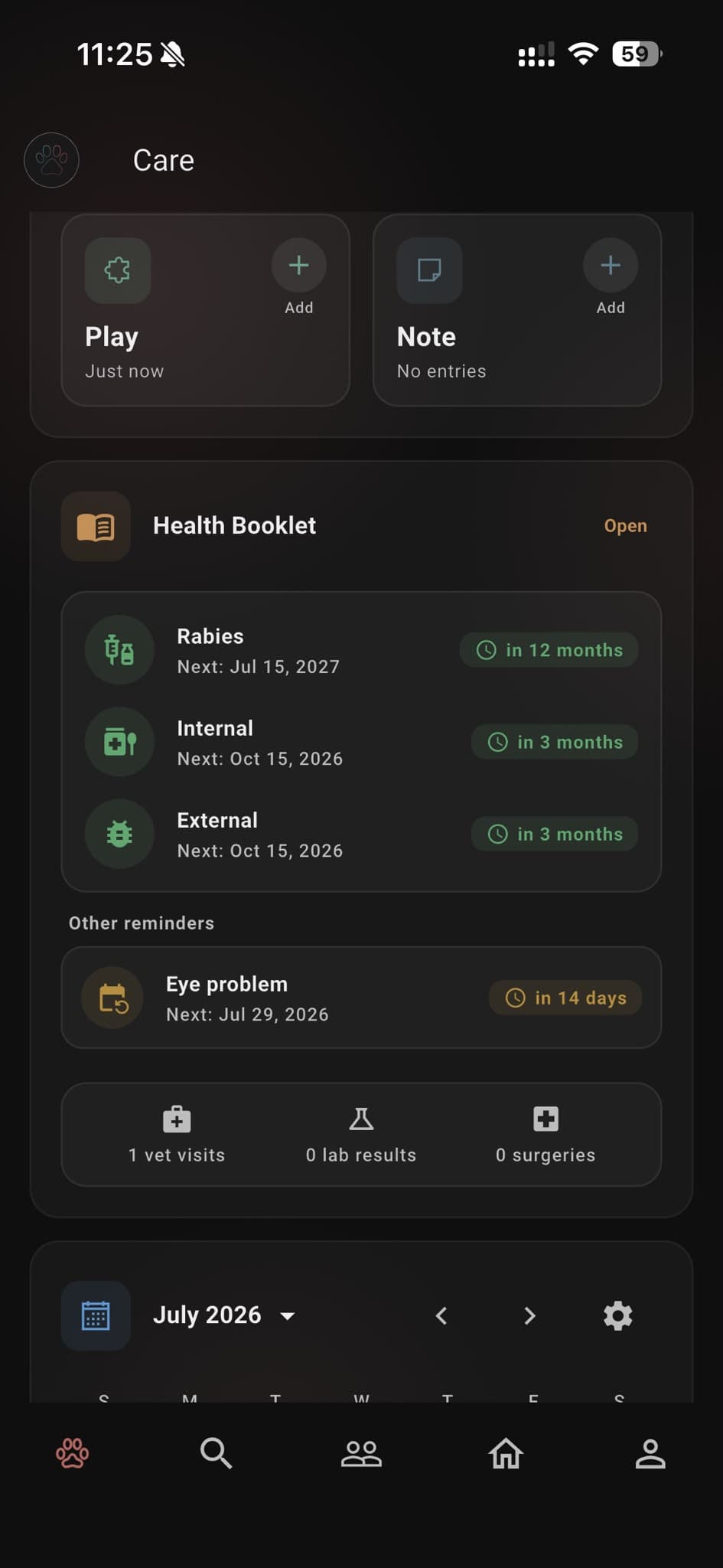 Pawz care dashboard with health reminders and daily routines