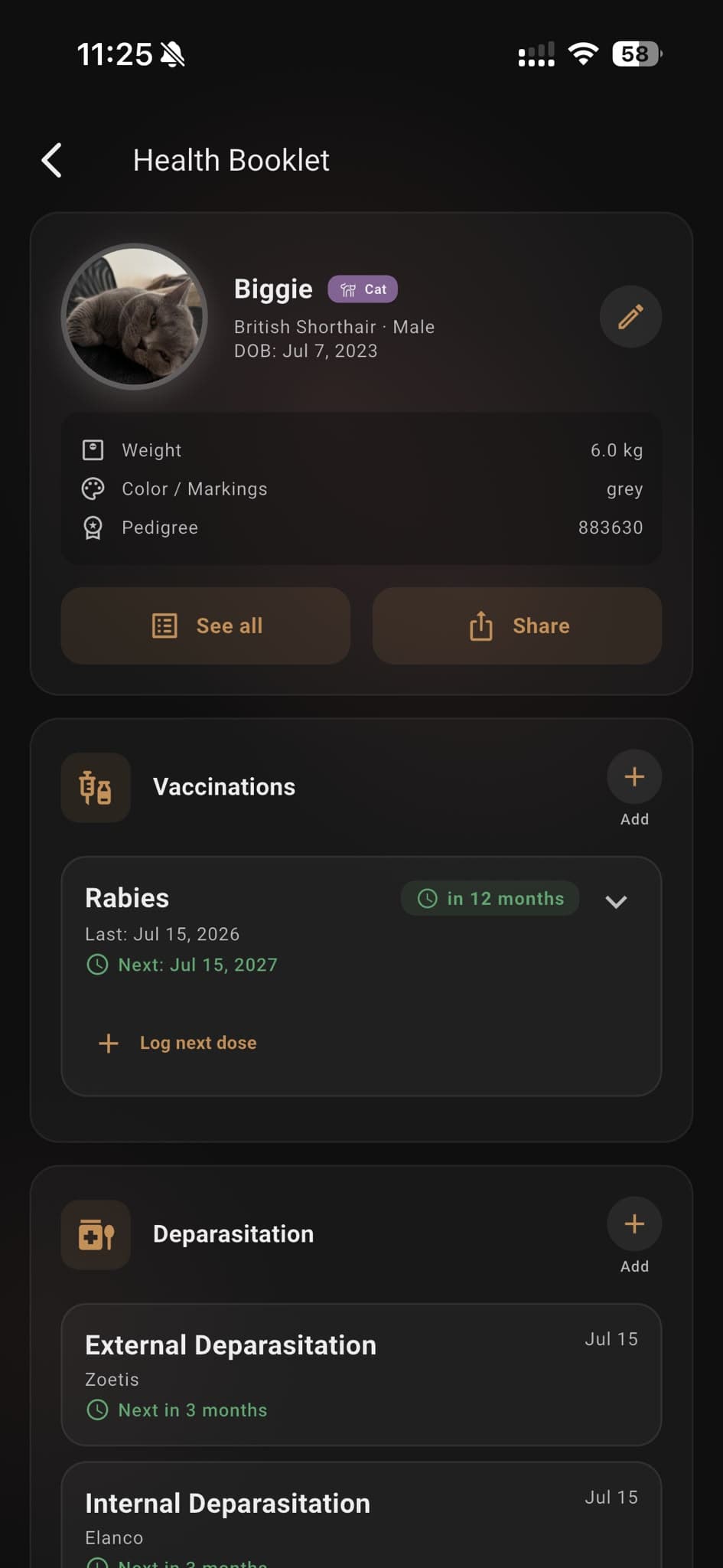 Pawz digital health booklet with vaccination and care history