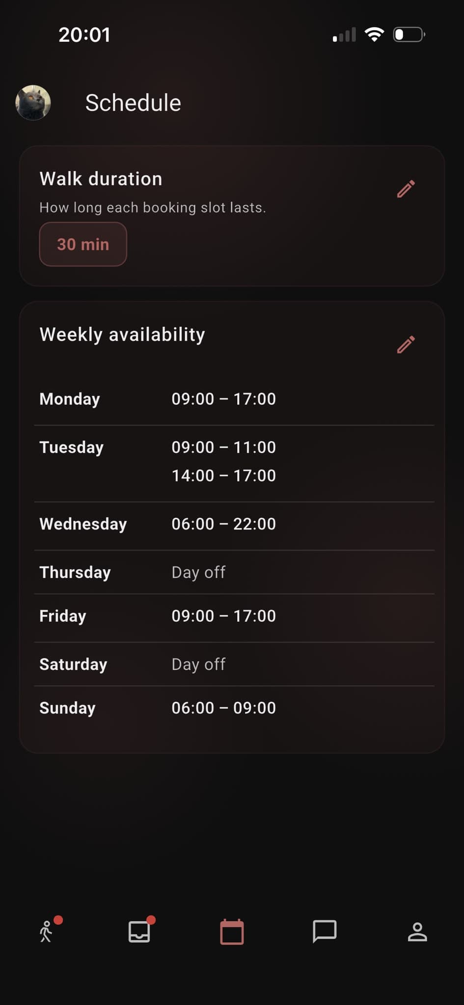 Walker schedule with booking duration and weekly availability